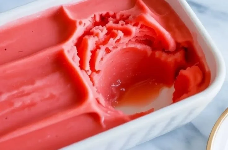 Delicious homemade watermelon sorbet served in a bowl with mint garnishing.