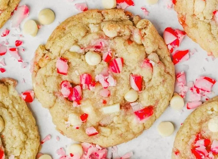 White chocolate peppermint cookies on a festive platter