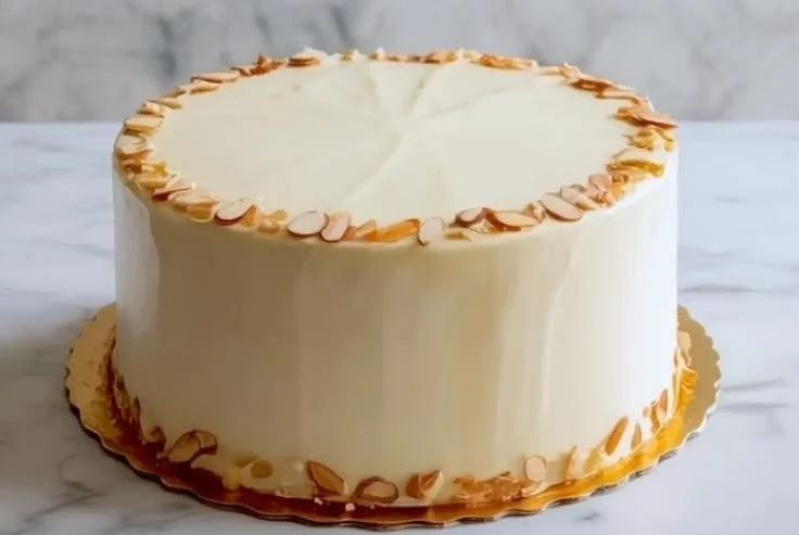 Deliciously moist Almond Amaretto Cake topped with a light glaze and almond slivers
