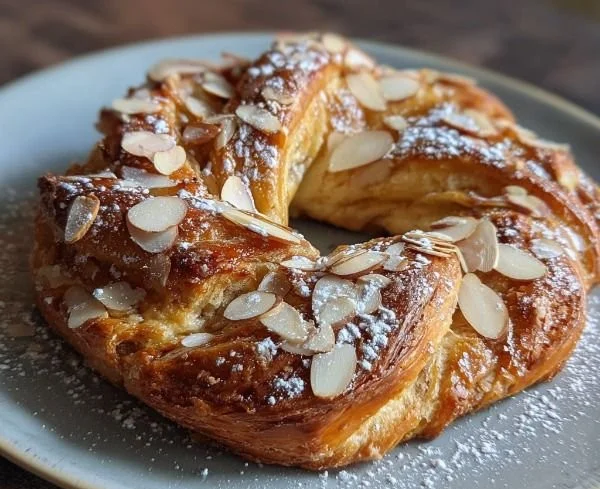 Freshly baked Almond Kringle pastry with almonds and icing