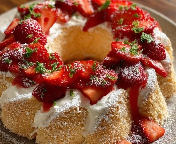 Delicious Angel Food Cake topped with fresh strawberries