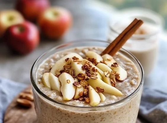 Bowl of Apple Cinnamon Overnight Oats topped with fresh apples and cinnamon