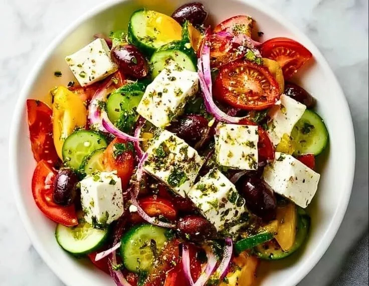 Bowl of authentic Mediterranean Greek salad with vegetables and feta cheese