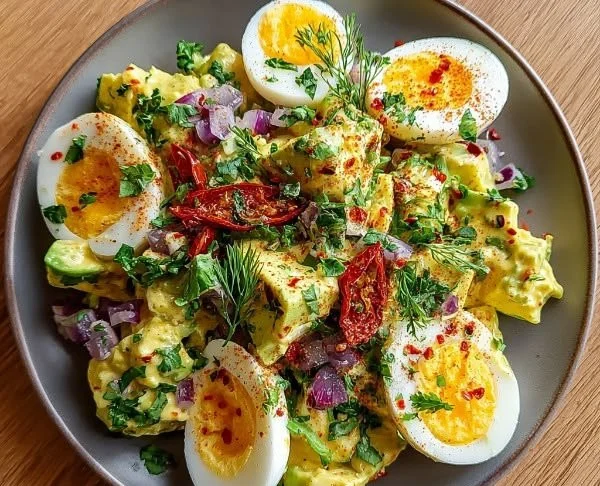 Creamy avocado egg salad served in a bowl with fresh herbs and ingredients