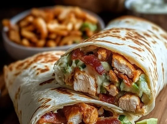 Bacon Chicken Ranch Wraps with fresh ingredients wrapped in a tortilla.