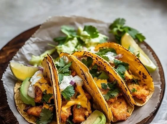 Delicious Baja Tofu Tacos served with fresh toppings and salsa.