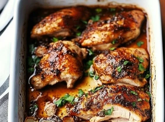 Juicy baked boneless chicken breast served with herbs and spices