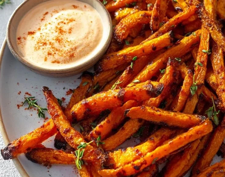 Baked carrot fries served with paprika garlic aioli dip on a plate.