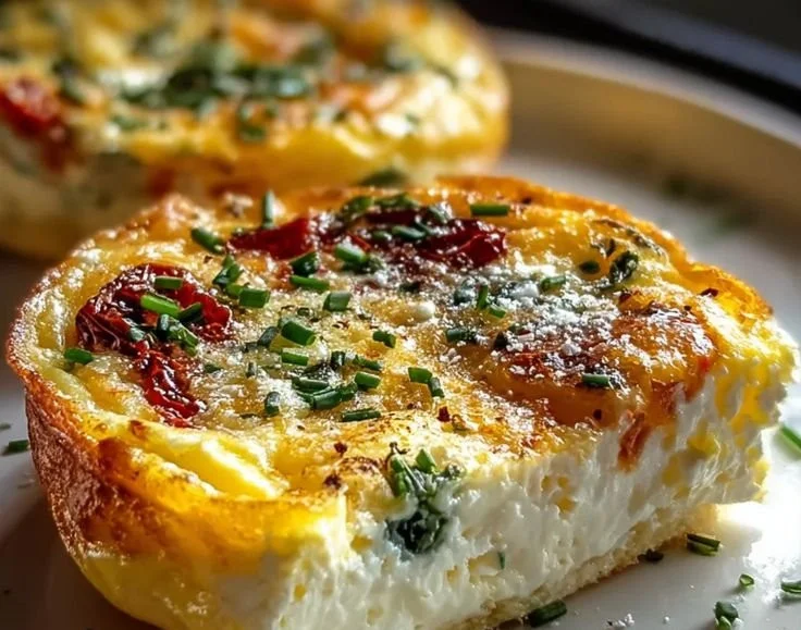 Baked cottage cheese eggs served in a dish, garnished with herbs
