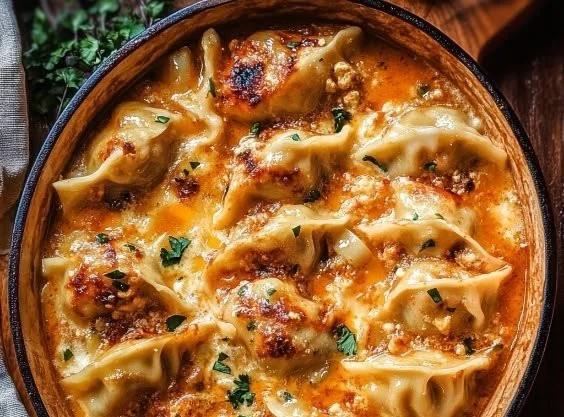 Golden baked dumplings fresh out of the oven, crispy and delicious