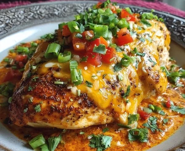 Delicious baked queso chicken served with herbs and spices