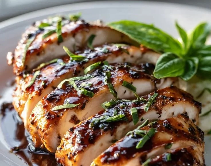 Oven-baked balsamic chicken breast garnished with herbs and served on a plate