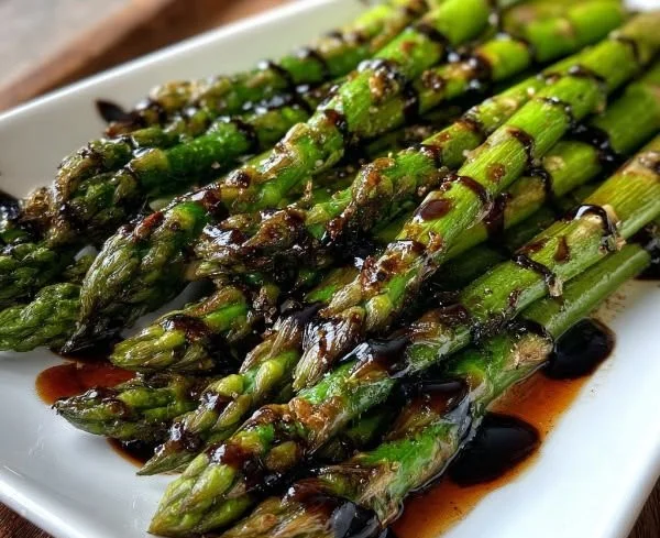 Balsamic roasted asparagus on a plate, garnished with spices and herbs.