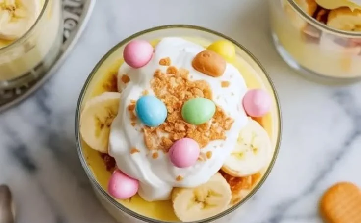 Delicious banana pudding cups served for Easter dessert