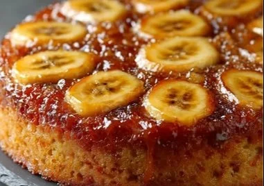 Delicious banana upside-down cake topped with caramelized bananas and walnuts