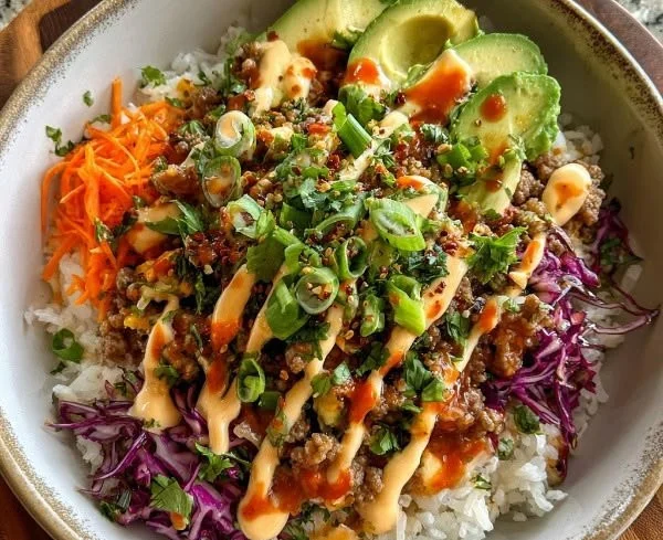Delicious Bang Bang Ground Turkey Rice Bowls served in a colorful bowl