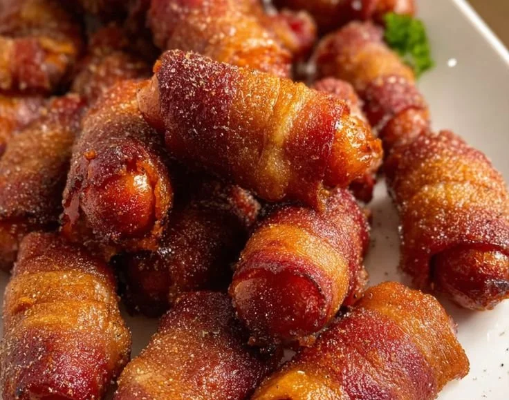 Beef bacon wrapped Little Smokies on a platter, ready to serve.