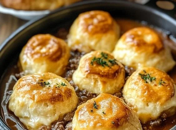 Delicious beef biscuit bombs with melted cheese inside, served on a plate.