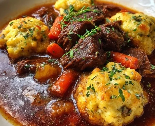 Delicious beef stew served with cheddar herb dumplings