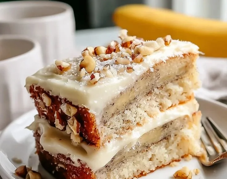 A slice of moist banana cake topped with cream frosting and banana slices.