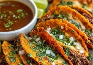 Delicious birria tacos with rich broth and tender meat served on a plate