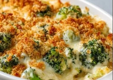 Delicious broccoli cheese casserole topped with melted cheese