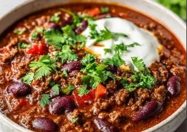 Bowl of hearty chili topped with cheese and cilantro, showcasing the best chili recipe.