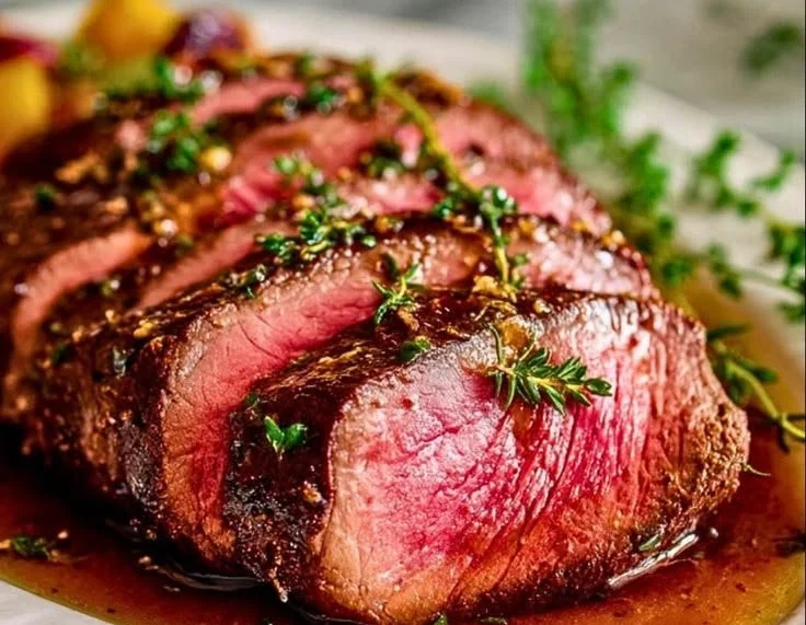 Juicy top round roast cooked to perfection with herbs and spices.