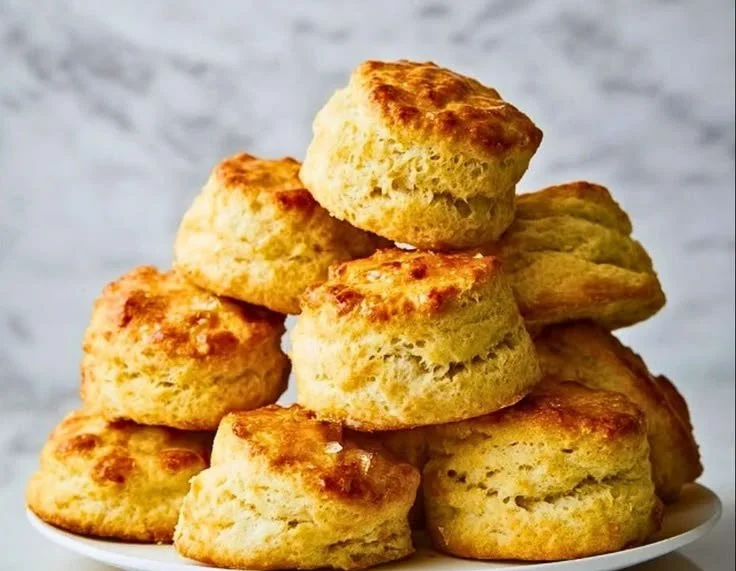 Delicious sourdough biscuits fresh out of the oven, golden brown and fluffy.
