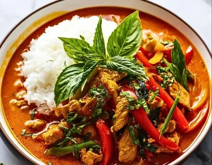 Delicious bowl of authentic Thai Panang Curry with fresh ingredients
