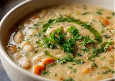 A delicious bowl of homemade white bean soup topped with herbs