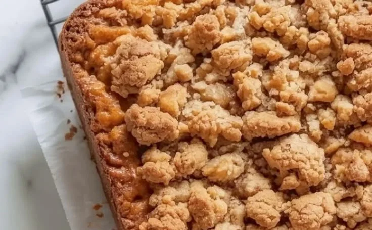 Delicious Bisquick coffee cake slice on a plate with coffee cup