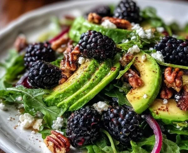 Fresh Blackberry Avocado Salad with arugula and a drizzle of vinaigrette