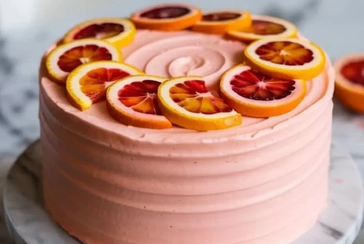 Sliced Blood Orange Cake with vibrant orange glaze and fresh blood oranges on top.