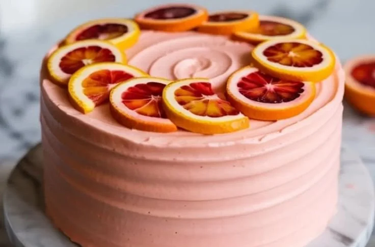 Delicious Blood Orange Cake topped with fresh blood orange slices