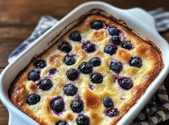 Blueberry Buttermilk Pancake Casserole topped with syrup and fresh blueberries