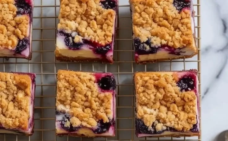 Blueberry cheesecake crumb bars with a buttery crumble topping