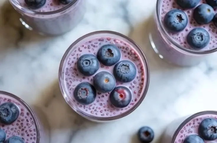 Delicious blueberry chia seed pudding in a bowl garnished with fresh blueberries