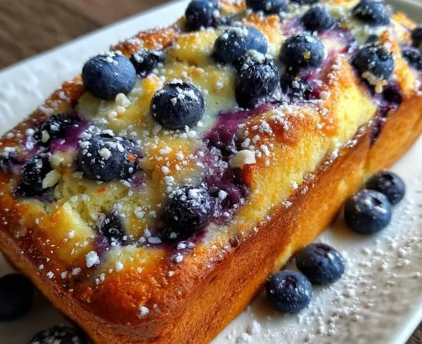 Freshly baked Blueberry Cream Cheese Bread on a wooden cutting board