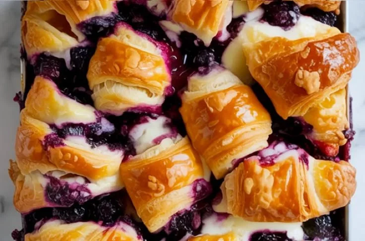 Blueberry croissant cream cheese bake on a plate garnished with fresh blueberries