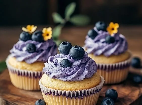 Delicious blueberry cupcakes topped with cream frosting and fresh berries