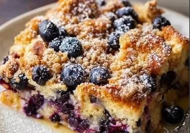Blueberry French Toast Casserole served on a plate with fresh blueberries and syrup
