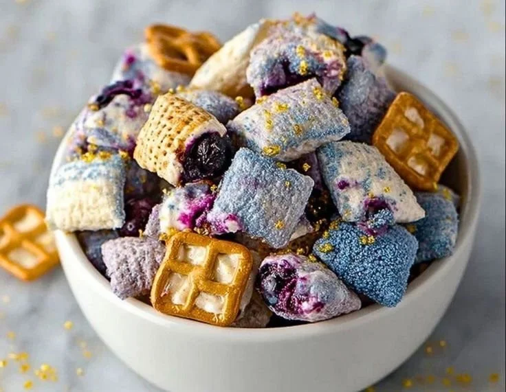 Delicious blueberry lemon cheesecake puppy chow dessert in a bowl