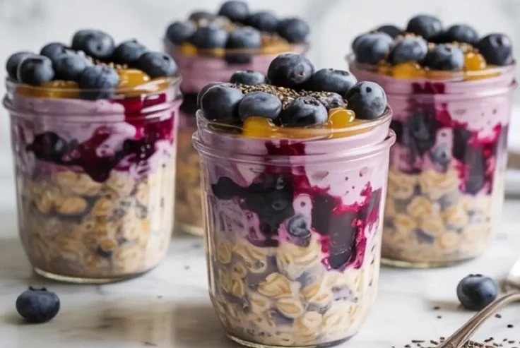 Bowl of blueberry overnight oats topped with fresh blueberries and nuts