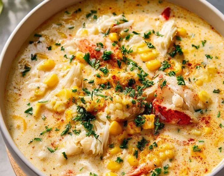 Bobby Flay's Crab and Corn Chowder served in a bowl with fresh ingredients.