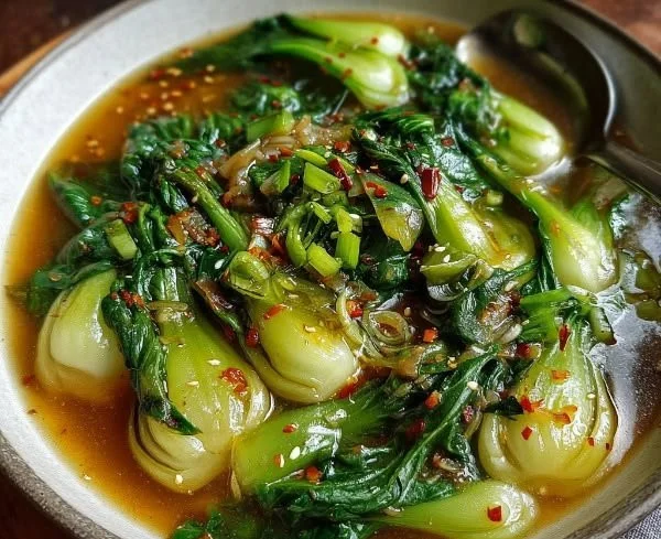 Bok Choy Soup with Garlic and Ginger served in a bowl