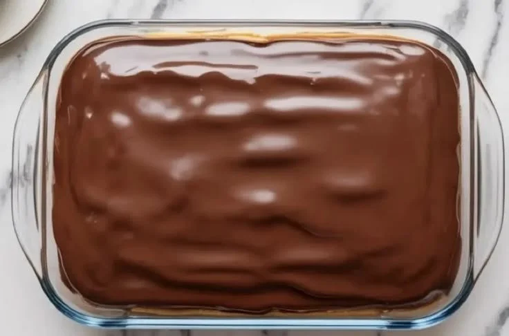 Delicious Boston Cream Pie Poke Cake topped with chocolate and creamy filling.