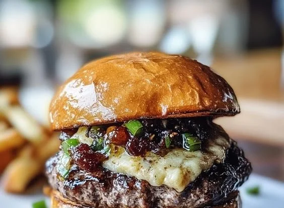 Delicious Bourbon Bacon Jam Burger topped with savory bacon jam and fresh ingredients