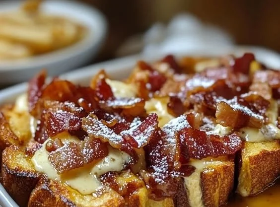 Delicious Bourbon Maple Bacon French Toast topped with maple syrup and crispy bacon