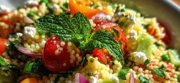 Bowl of bright spring couscous salad with fresh vegetables and herbs